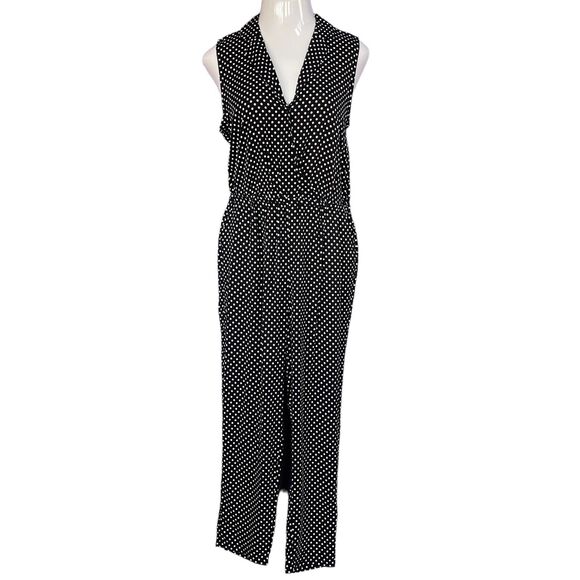 Popsugar Large Jumpsuit Polka Dot Sleeveless V-Neck Pocket Collar Elastic Waist - Picture 1 of 6
